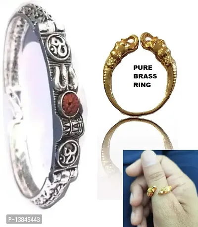 SHIV TRISHUL RUDRAKSHA SILVER ALLOY KADA BRECELETE WITH ELEPHANT DESIGN PURE BRASS FINGER RING JEWELERY SET OF 2