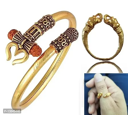 SHIV TRISHUL DAMRU GOLD ALLOY KADA BRECELETE WITH ELEPHANT DESIGN PURE BRASS FINGER RING JEWELERY SET OF 2