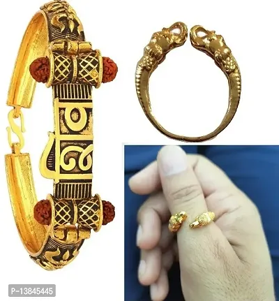 SHIV GOLD RUDRAKSHA  ALLOY KADA BRECELETE WITH ELEPHANT DESIGN PURE BRASS FINGER RING JEWELERY SET OF 2