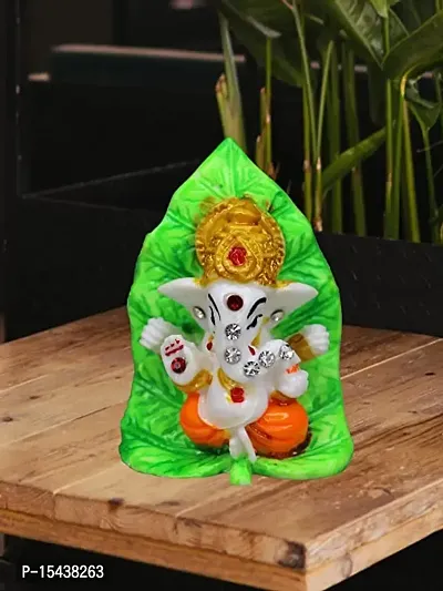Sitting on Leaf Ganesha Idol for Car Dashboard, Decoration Gift Item-thumb0
