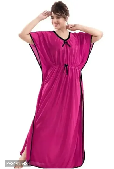 Nivediya Creations Womens Satin Printed Kaftan Nighties Night Dress (Free Size, Rani Pink)