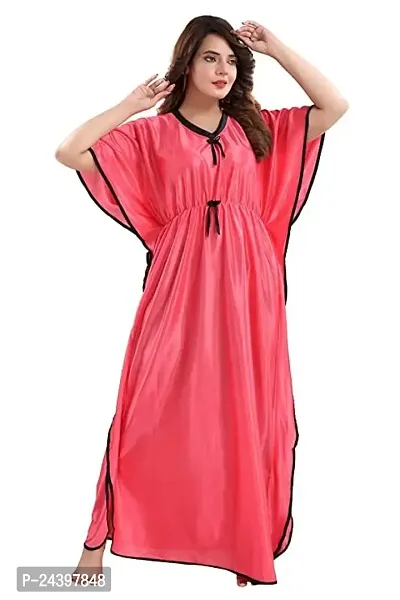 Nivediya Creations Womens Satin Printed Kaftan Nighties Night Dress (Free Size, Rose Red)-thumb0