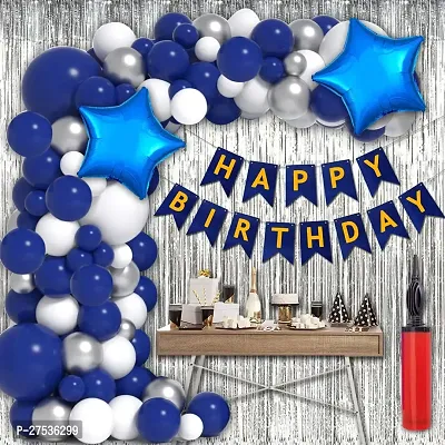 Happy Birthday Decoration Items | Birthday Party Decoration Kit for Boy | Birthday Decorations Combo Set with Silver Foil Curtain | Silver Blue White Theme Metallic Balloons for Boys  Kids (36Pcs)