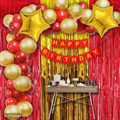 Happy Birthday Decoration Combo Kit | Balloons Foil star |Birthday Decorations Combo Set with Golden and Red Foil Curtain | Golden and Red Balloons Theme for Birthday Decoration Kids (36Pcs)