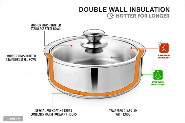 Urban Spoon Stainless Steel Chapatti Box, Chapatti Pot, hot Pot, Double Wall Insulated Roti Server, Serving Bowl with Glass Lid 1300 ml 21.5 cm-thumb5