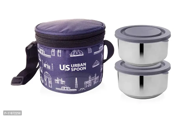 Urban Spoon Stainless Steel Double Walled Lunch Box | Tiffin Box with Bag Set 2 Pcs 340ml PU Insulated | Dia : 11.2 cm