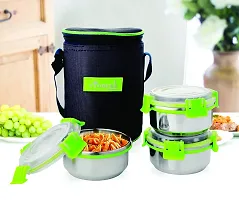 Vinayak International Stainless Steel Lunch Box with Bag, Clip Lock Lunch Box Set of 3 Pcs 375 Ml-thumb2