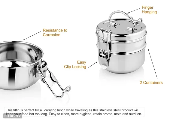 URBAN SPOON Stainless Steel Lunch Box 2 Tier, Steel Box for Lunch, Clip Lock Lunch Box - 450 Ml-thumb3