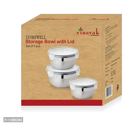 Vinayak International Stainless Steel Storage Bowl With Clip - 620 ml, 1000 ml, 1400 ml, 3 Pieces, Silver-thumb2