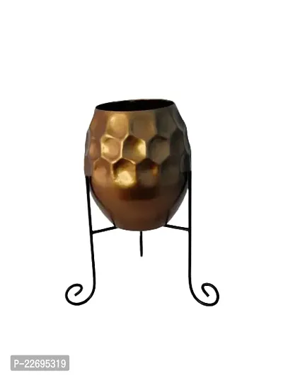 A.S. Design Flower vases Homes Mid Century Brass Metal Embossed Round Shape Elevated Raised Flower Plant Pot with Legs-thumb0