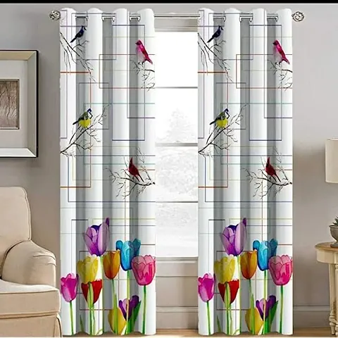 RFS 3D Birds Digital Printed Polyester Fabric Curtains for Bed Room Kids Room Living Room Color White Window/Door/Long Door (D.N.133)