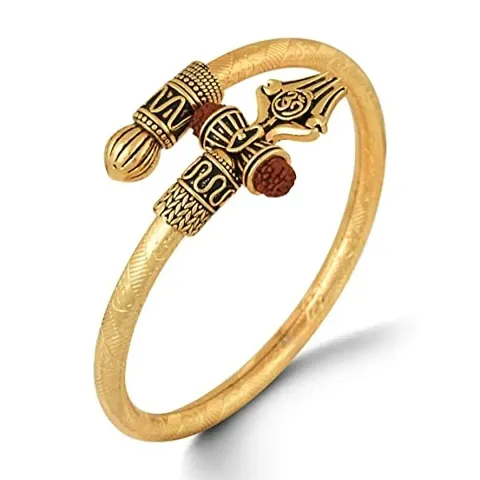 Ram Ratan Kendra Golden Oxidized Alloy Shiva Gold Trishul Rudraksha Damru Designer Kada Bracelet for Women and Men (Flexible)