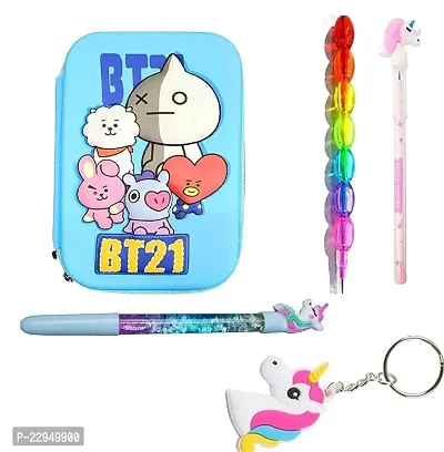 BT21 Pencil Pouch with Unicorn Stationery Items Students Gift Pencil Box with Unicorn Pencil Unicorn Pen Key Chain Moti Pencil Set for Kids