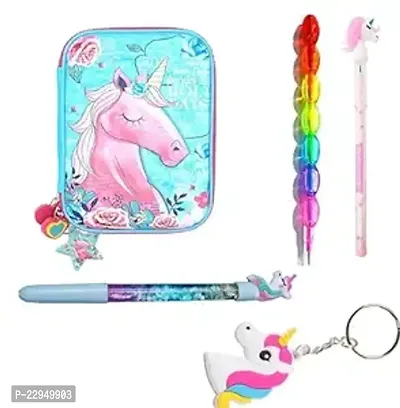 School Students Pencil Box with Unicorn Pen Pencil Keychain Set Best for Birthday Gift and Return Gift Stationery Items S