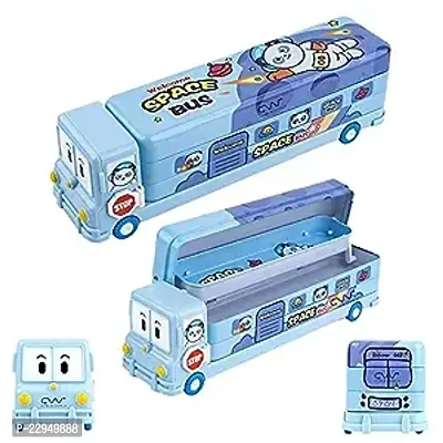 KHILONEWALA Cartoon Printed School Bus Metal Pencil Box with Moving Tyres and Sharpener for Kids   (Color Blue)  ARB2