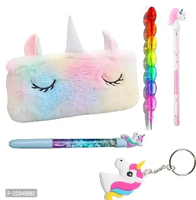 Best Birthday Gift Stationery Set for Girls Return Gift Unicorn Stationery Set for Party Unicorn Pouch Unicorn Pencil Glitter Pen Key Chain Set for School Supplies-thumb0