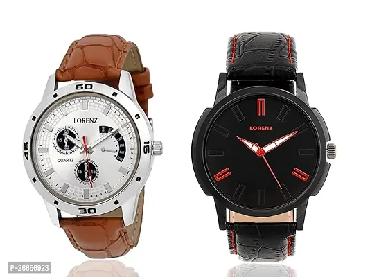 Stylish Men Genuine Leather Analog daily Use Watch Pack of 2-thumb0