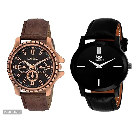 Stylish Men Genuine Leather Analog daily Use Watch Pack of 2-thumb0