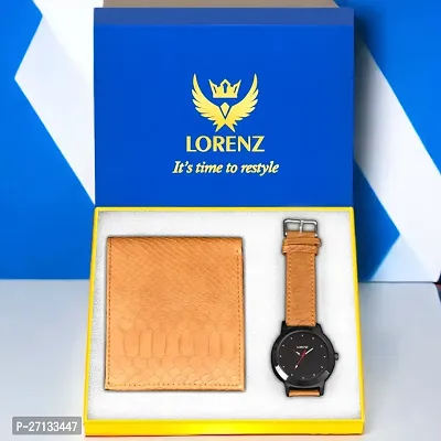 Lorenz Combo of Black Dial Watch  Tan Color Wallet for Men- CM-1061WL-48