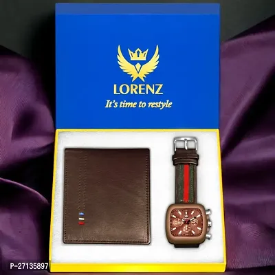 Lorenz Gift Combo Set of Brown Square Dial Analog Watch  Hi-Quality Genuine Leather Wallet for Men | MK-4020GL-02