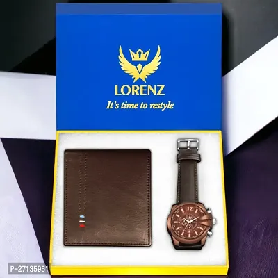 Lorenz Gift Combo Set of Brown Analog Watch  Hi-Quality Genuine Leather Wallet for Men | MK-4013GL-02