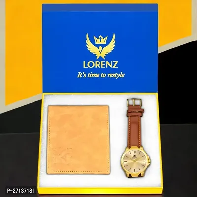Lorenz Analog Golden Dial Watch  Tan Wallet Combo for Men- CM-305WL-31