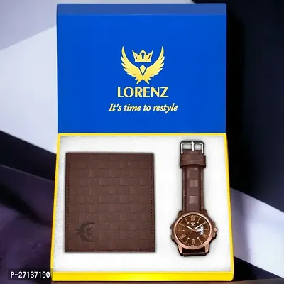 Lorenz Brown Day/Date Watch  Brown Wallet Combo for Men- CM-2070WL-32