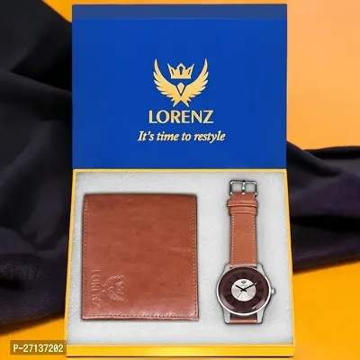 Lorenz Gift Combo Set of Tan Brown Analog Watch  Hi-Quality PU Wallet for Men | CM-404WL-61