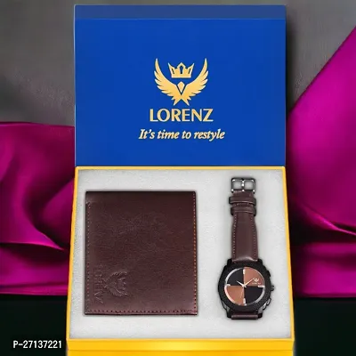 Lorenz Gift Combo Set of Dark Brown Analog Watch  Hi-Quality PU Wallet for Men | CM-407WL-61