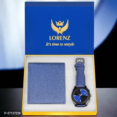 Lorenz Gift Combo Set of Blue Analog Watch  Hi-Quality Fabric Feel PU Wallet for Men | CM-408WL-59