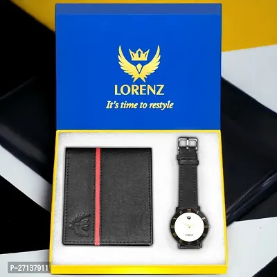 Lorenz Gift Combo Set of Black Analog Watch  Hi-Quality PU Wallet for Men | CM-3089WL-41