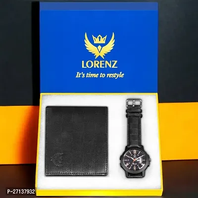 Lorenz Gift Combo Set of Black Day  Date Functioning Analog Watch Hi-Quality PU Wallet for Men | CM-4011WL-58