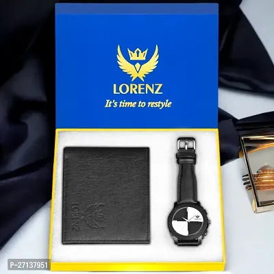 Lorenz Gift Combo Set of Black Analog Watch  Hi-Quality PU Wallet for Men | MK-4010WL-01