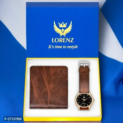 LORENZ Slim Black Dial Watch  Brown Wallet Combo for Men and Boys | CM-4053WL-56