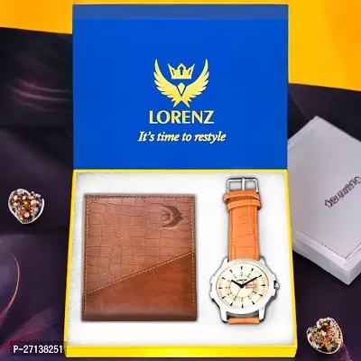 Lorenz Silver Dial Watch  Brown Wallet Combo for Men and Boys