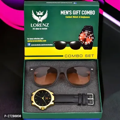 Lorenz Combo of Mens Analogue Black Dial Watch  Brown Sunglasses | CM-303SN-13