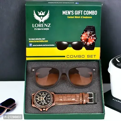 Lorenz Combo of Mens Analogue Brown Dial Watch  Brown Sunglasses | CM-1054SN-13