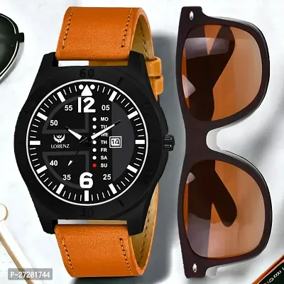 Lorenz Black Dial Day  Date Watch  Brown Matte Sunglasses Combo for Men  Boys | Gift combo for Men | CM-2028SN-13-thumb0