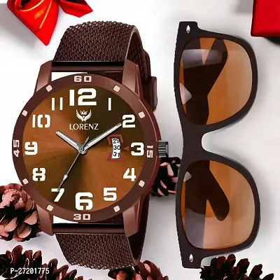 Lorenz Brown Dial Day  Date Watch and Brown Matte Sunglasses Combo for Men  Boys | Gift combo for Men | CM-3062SN-13