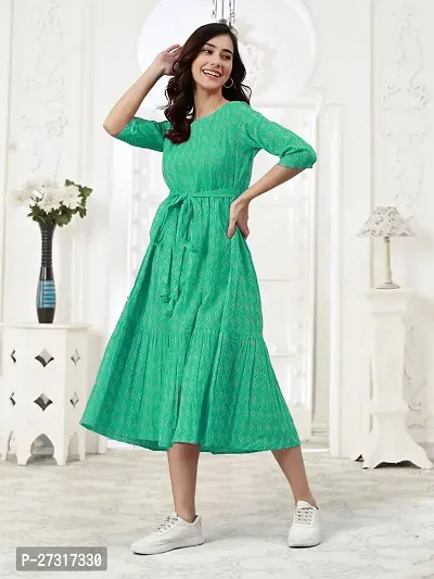 Stylish Fit and Flare White Light Green Dress for Women-thumb0