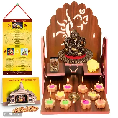 Gold-Toned Ganesha with Diwali Aarti Scroll,3D Greeting Card,and 10 Diyas (Gift Pack of 13)-thumb3