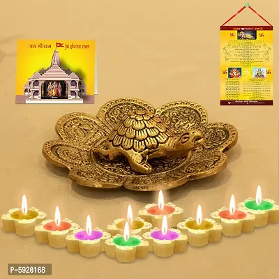 Feng Shui Gold-Toned Turtle with Diwali Aarti Scroll,3D Greeting Card,and 10 Diyas (Gift Pack of 13)