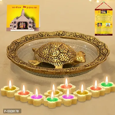 Feng Shui Gold-Toned Turtle with Diwali Aarti Scroll,3D Greeting Card,and 10 Diyas (Gift Pack of 13)-thumb0