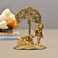 Copper-Toned Krishna Statue with Diwali Aarti Scroll,3D Greeting Card,and 10 Diya(Gift Pack of 13)-thumb3