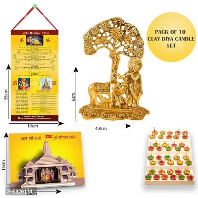 Copper-Toned Krishna Statue with Diwali Aarti Scroll,3D Greeting Card,and 10 Diya(Gift Pack of 13)-thumb2