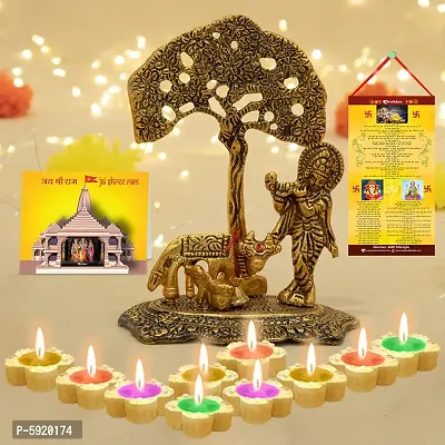 Copper-Toned Krishna Statue with Diwali Aarti Scroll,3D Greeting Card,and 10 Diya(Gift Pack of 13)