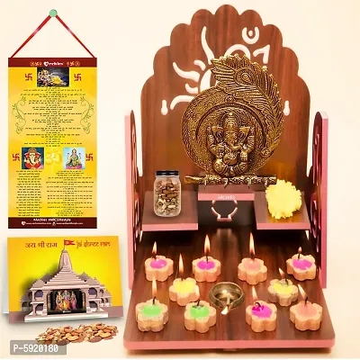 Gold Ganesha Wall Hanging with Diwali Aarti Scroll,3D Greeting Card,and 10 Diyas (Gift Pack of 13)-thumb3