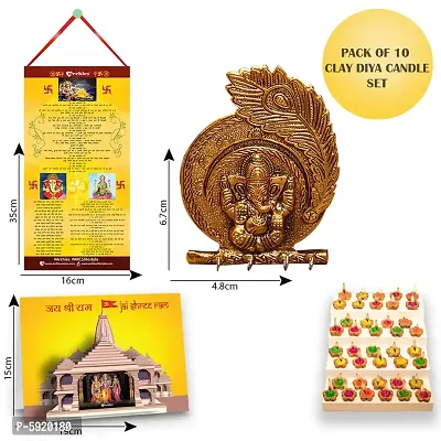 Gold Ganesha Wall Hanging with Diwali Aarti Scroll,3D Greeting Card,and 10 Diyas (Gift Pack of 13)-thumb2