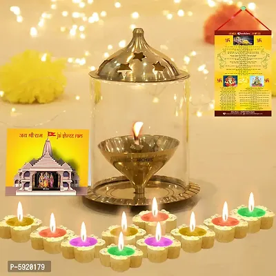 Glass Akhand Diya Oil Lamp with Diwali Aarti Scroll,3D Greeting Card,and 10 Diyas (Gift Pack of 13)