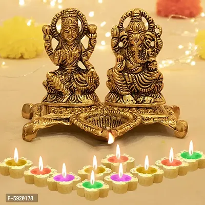Gold-Toned Ganesha Laxmi with Diwali Aarti Scroll,3D Greeting Card,and 10 Diyas (Gift Pack of 13)-thumb0